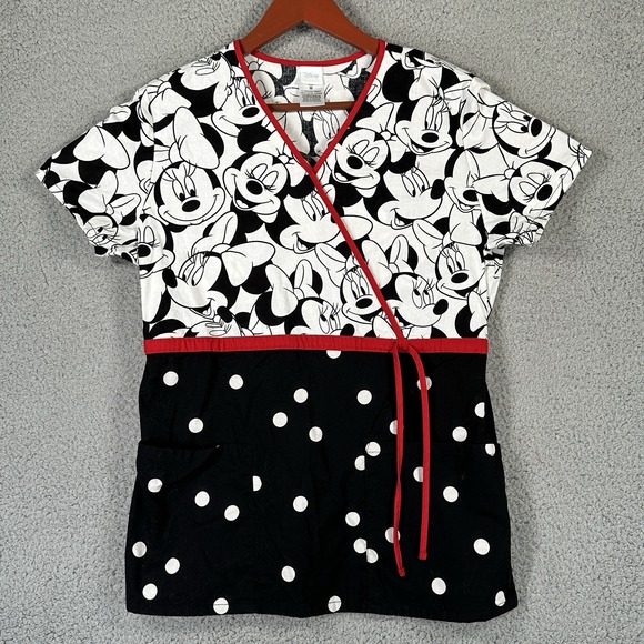 Scrubs Scrub Top Cartoon Disney Minnie Mouse Black and‎ White Medium M Medical - Picture 1 of 9